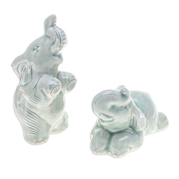 Alternate image for 2 Green Celadon Ceramic Elephant Figurines from Thailand Green Elephant Joy