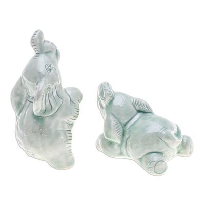Alternate image for 2 Green Celadon Ceramic Elephant Figurines from Thailand Green Elephant Joy