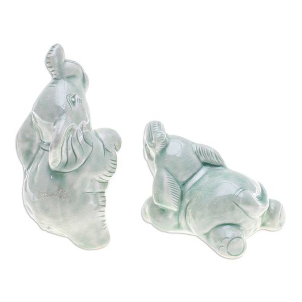 Alternate image for 2 Green Celadon Ceramic Elephant Figurines from Thailand Green Elephant Joy