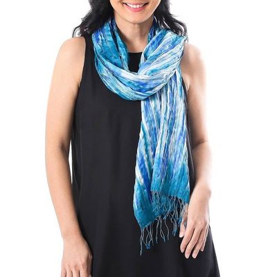Primary image for Handwoven Tie-Dyed Silk Scarf in Blue from Thailand Lovely Magic in Blue