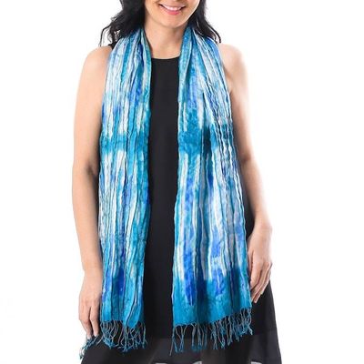 Alternate image for Handwoven Tie-Dyed Silk Scarf in Blue from Thailand Lovely Magic in Blue