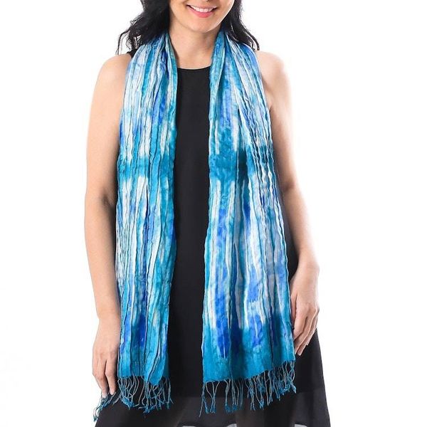 Alternate image for Handwoven Tie-Dyed Silk Scarf in Blue from Thailand Lovely Magic in Blue
