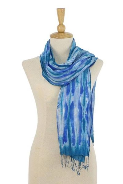 Alternate image for Handwoven Tie-Dyed Silk Scarf in Blue from Thailand Lovely Magic in Blue