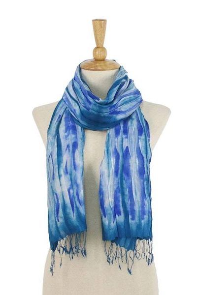 Alternate image for Handwoven Tie-Dyed Silk Scarf in Blue from Thailand Lovely Magic in Blue