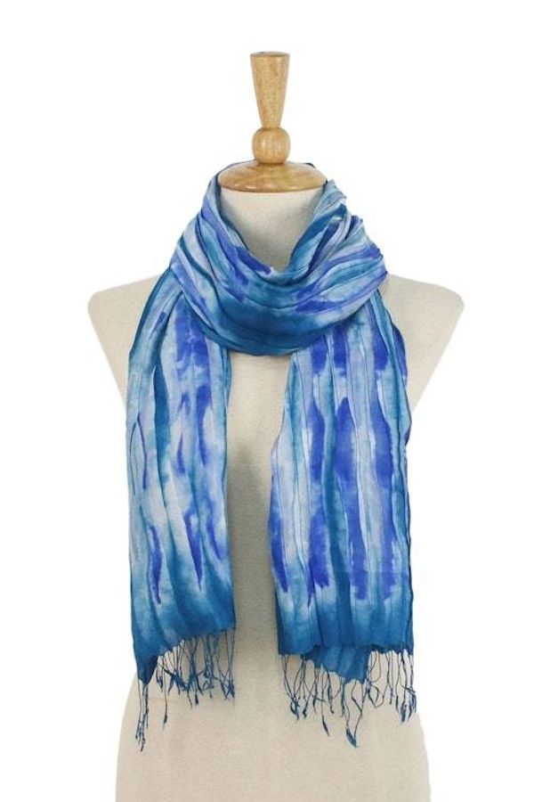 Alternate image for Handwoven Tie-Dyed Silk Scarf in Blue from Thailand Lovely Magic in Blue