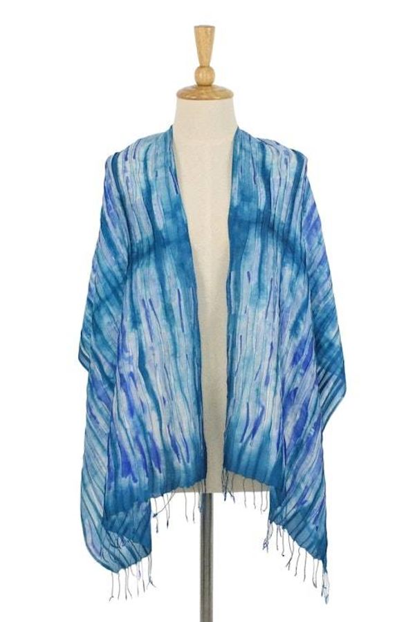 Alternate image for Handwoven Tie-Dyed Silk Scarf in Blue from Thailand Lovely Magic in Blue