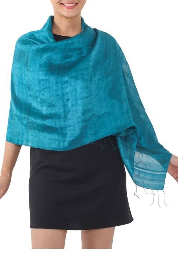 Alternate image for Handwoven Fringed Silk Shawl in Teal from Thailand Comforting Teal