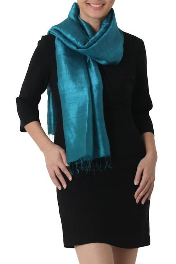 Alternate image for Handwoven Fringed Silk Shawl in Teal from Thailand Comforting Teal
