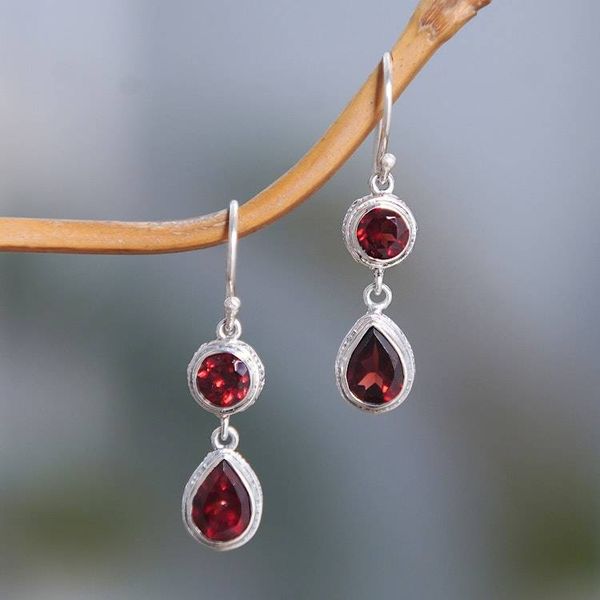 Alternate image for 925 Silver Dangle Earrings with Round and Pear Garnet Stones Splendid Red