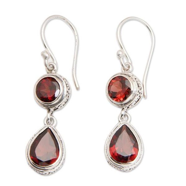 Alternate image for 925 Silver Dangle Earrings with Round and Pear Garnet Stones Splendid Red