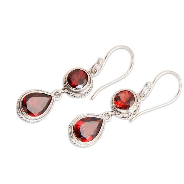 Alternate image for 925 Silver Dangle Earrings with Round and Pear Garnet Stones Splendid Red