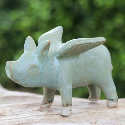 Alternate image for Celadon Ceramic Flying Pig Figurine with Bluish-Grey Glaze Flying Grey Pig