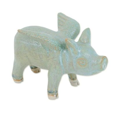 Alternate image for Celadon Ceramic Flying Pig Figurine with Bluish-Grey Glaze Flying Grey Pig