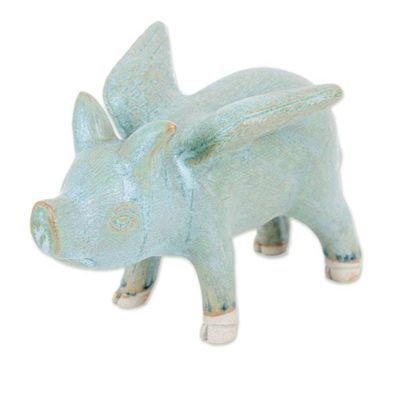 Alternate image for Celadon Ceramic Flying Pig Figurine with Bluish-Grey Glaze Flying Grey Pig