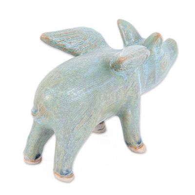 Alternate image for Celadon Ceramic Flying Pig Figurine with Bluish-Grey Glaze Flying Grey Pig