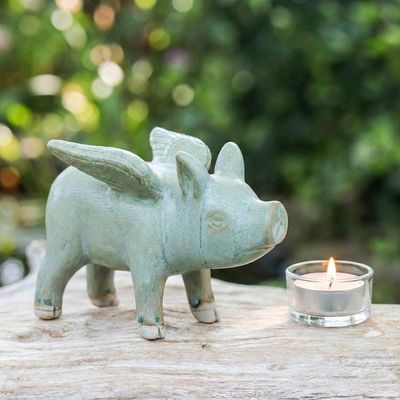 Alternate image for Celadon Ceramic Flying Pig Figurine with Bluish-Grey Glaze Flying Grey Pig