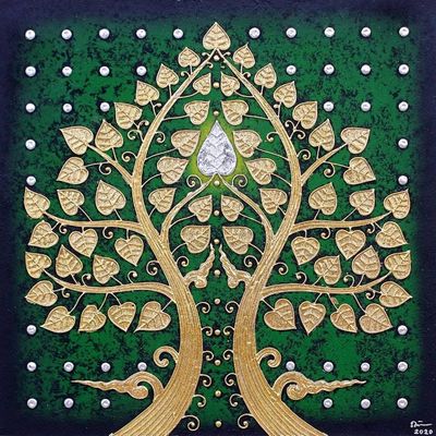 Primary image for Acrylic and Metallic Foil on Canvas Painting Bright Bodhi