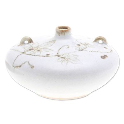 Alternate image for Handcrafted White and Brown Ceramic Vase with Leaf Pattern Warm Touch