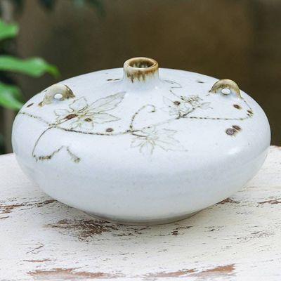 Alternate image for Handcrafted White and Brown Ceramic Vase with Leaf Pattern Warm Touch