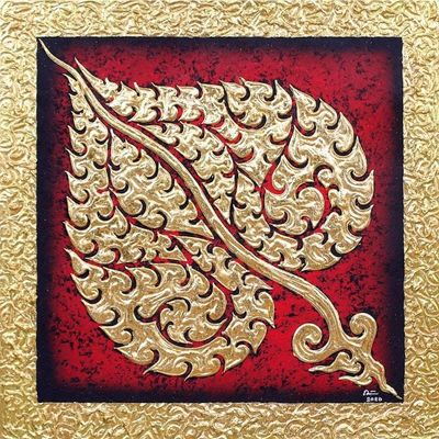 Primary image for Acrylic and Metallic Foil on Canvas Painting Bodhi Leaf