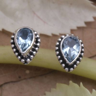 Alternate image for Polished Pear-Shaped Faceted Blue Topaz Stud Earrings Delighted Heart
