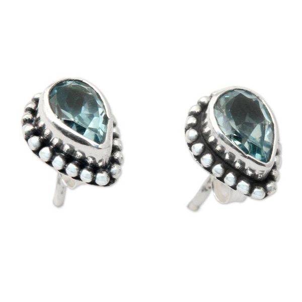Alternate image for Polished Pear-Shaped Faceted Blue Topaz Stud Earrings Delighted Heart