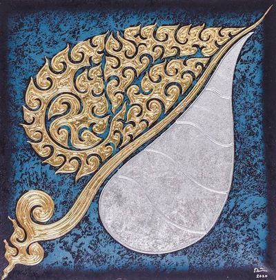 Alternate image for Signed Thai Blue Bo Leaf Painting with Gold and Silver Foil Blue Bodhi Leaf