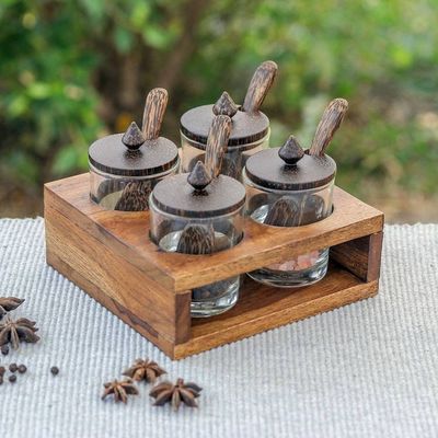 Primary image for Square Wood and Glass Condiment Set 13 Pieces Touch of Spice