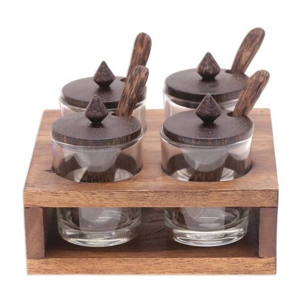 Alternate image for Square Wood and Glass Condiment Set 13 Pieces Touch of Spice