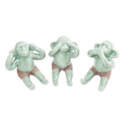 Primary image for Celadon Ceramic Wise Monkey Figurines Set of 3 Green Monkeys