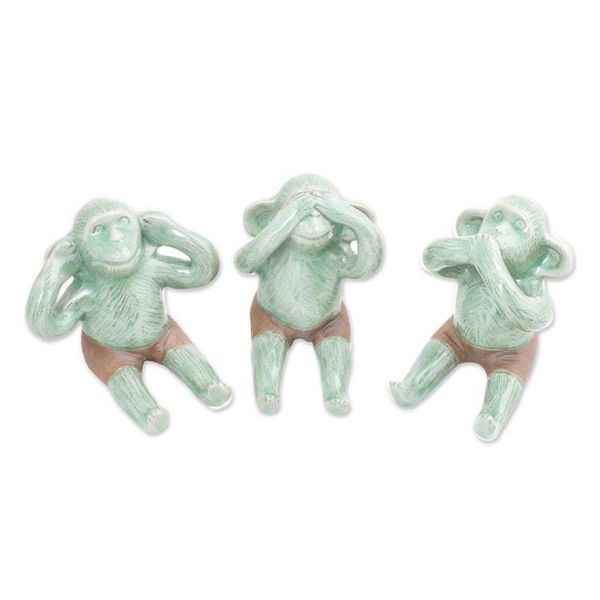 Alternate image for Celadon Ceramic Wise Monkey Figurines Set of 3 Green Monkeys