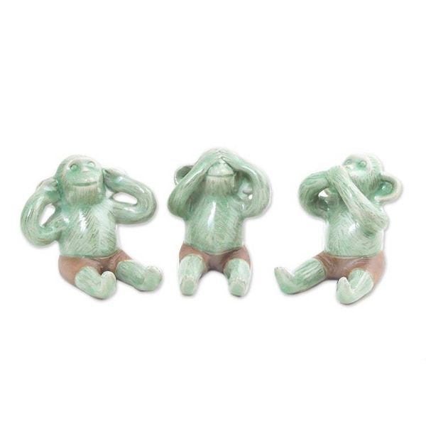 Alternate image for Celadon Ceramic Wise Monkey Figurines Set of 3 Green Monkeys