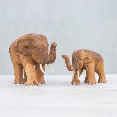 Primary image for Teak Wood Elephant Father and Son Sculptures Pair Elephant Father and Son
