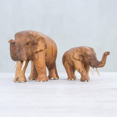 Alternate image for Teak Wood Elephant Father and Son Sculptures Pair Elephant Father and Son