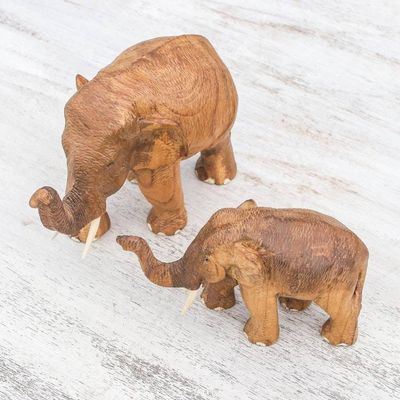 Alternate image for Teak Wood Elephant Father and Son Sculptures Pair Elephant Father and Son
