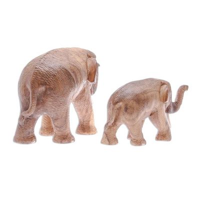 Alternate image for Teak Wood Elephant Father and Son Sculptures Pair Elephant Father and Son