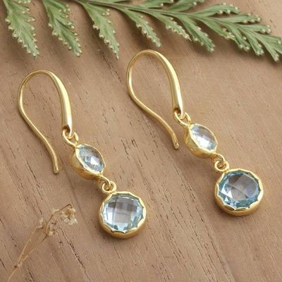 Primary image for Gold-Plated Dangle Earrings with 4 Faceted Blue Topaz Gems Soothing Glamour