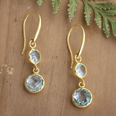 Alternate image for Gold-Plated Dangle Earrings with 4 Faceted Blue Topaz Gems Soothing Glamour