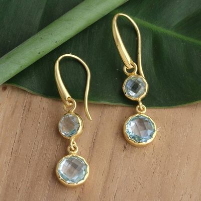 Alternate image for Gold-Plated Dangle Earrings with 4 Faceted Blue Topaz Gems Soothing Glamour