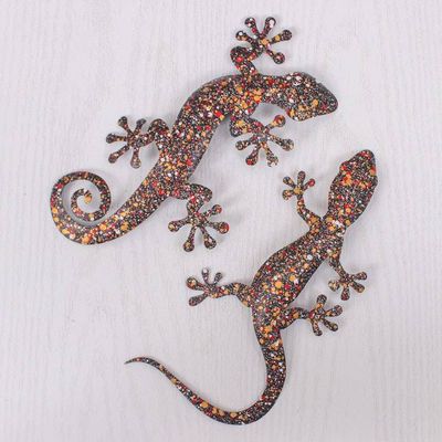 Alternate image for Set of Two Gecko-Shaped Colorful Iron Wall Art Pieces Festive Geckos