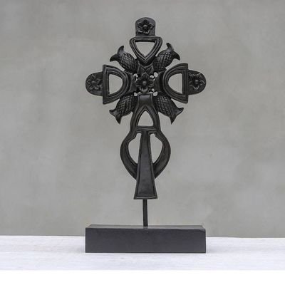 Alternate image for Hand-Carved Floral Mango Wood Cross Sculpture from Thailand Royal Sign