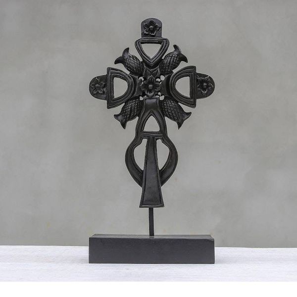 Alternate image for Hand-Carved Floral Mango Wood Cross Sculpture from Thailand Royal Sign