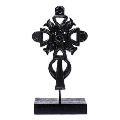 Alternate image for Hand-Carved Floral Mango Wood Cross Sculpture from Thailand Royal Sign