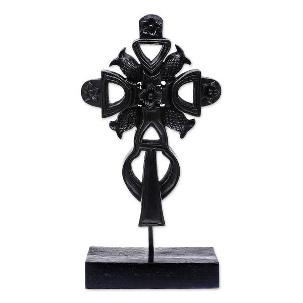 Alternate image for Hand-Carved Floral Mango Wood Cross Sculpture from Thailand Royal Sign