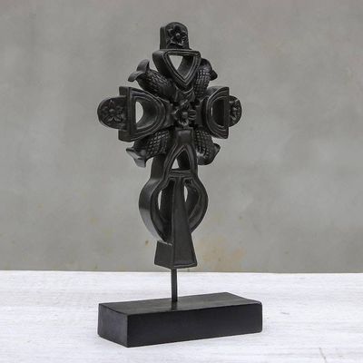 Alternate image for Hand-Carved Floral Mango Wood Cross Sculpture from Thailand Royal Sign