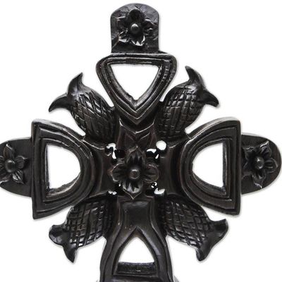 Alternate image for Hand-Carved Floral Mango Wood Cross Sculpture from Thailand Royal Sign
