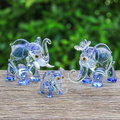 Primary image for Set of 3 Handblown Elephant Family Glass Figurines in Blue Giant Family in Blue