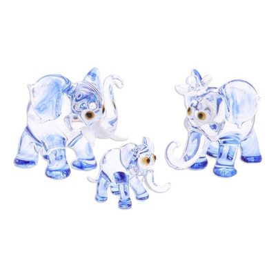 Alternate image for Set of 3 Handblown Elephant Family Glass Figurines in Blue Giant Family in Blue