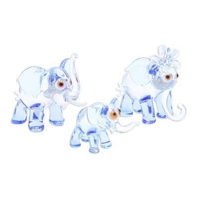 Alternate image for Set of 3 Handblown Elephant Family Glass Figurines in Blue Giant Family in Blue