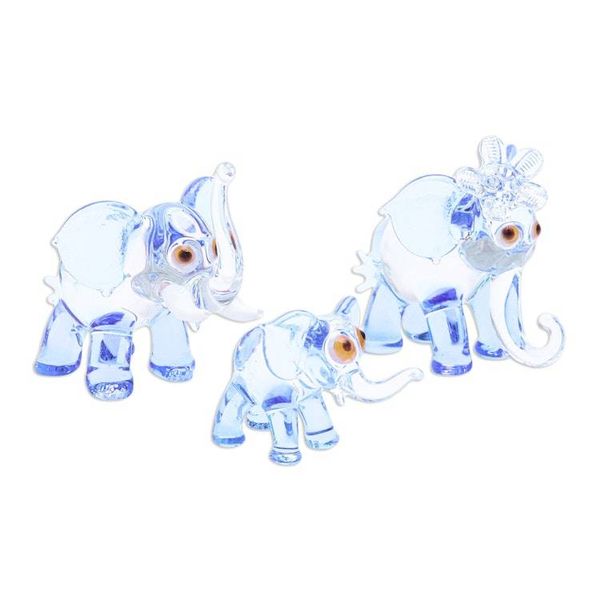 Alternate image for Set of 3 Handblown Elephant Family Glass Figurines in Blue Giant Family in Blue